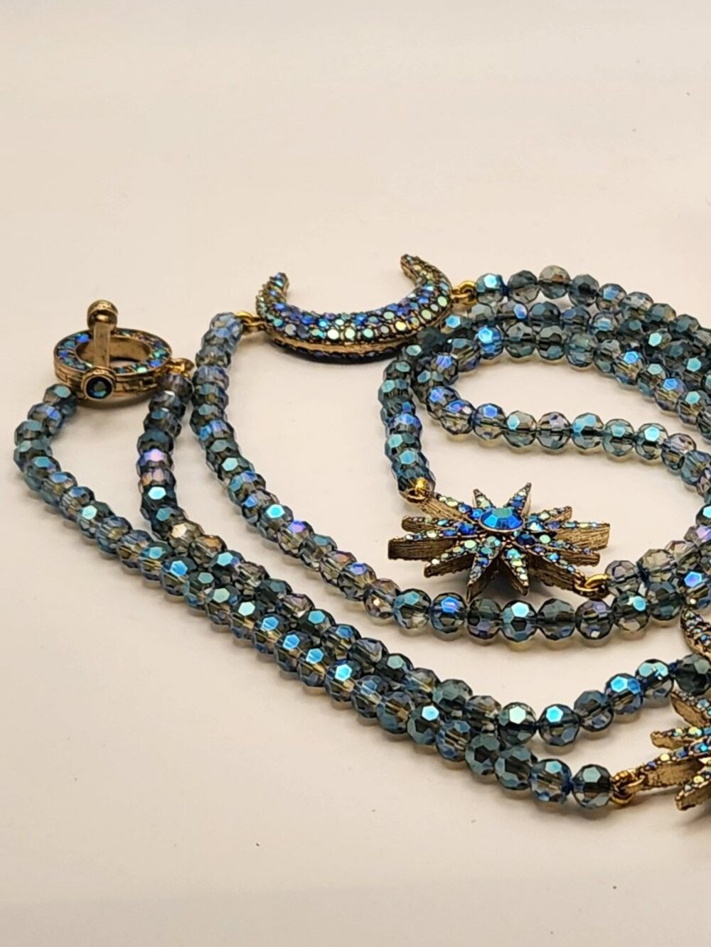 Beautiful celestial necklace & earring set moon star blue  gold tone costume NEW